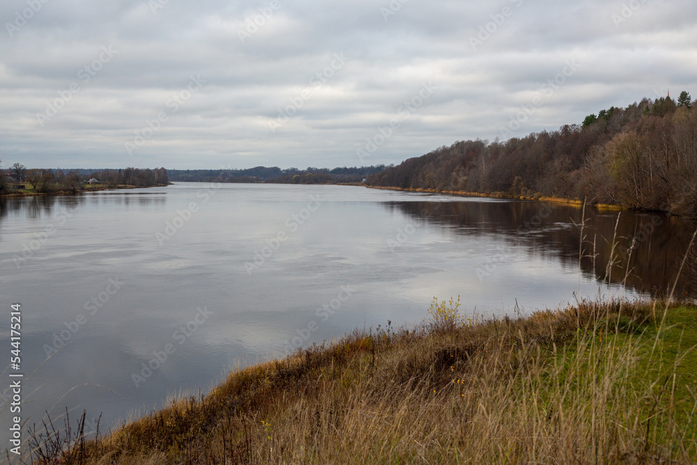 November scene at the river Daugava in Skriveri on a cloudy day in Latvia