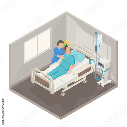 bedridden patient elderly care concept old man isometric hospital room