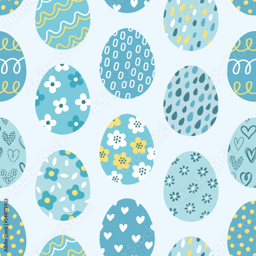 Easter eggs blue seamless pattern. Vector background