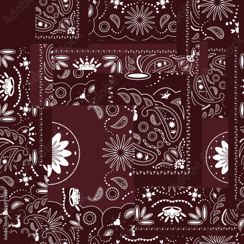 Red bandana kerchief paisley fabric patchwork abstract vector seamless pattern