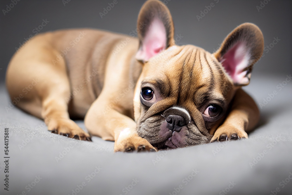 Cute French Bulldog puppy lying on a gray blanket