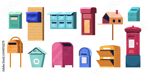 Flat mailbox or post box set. Color letterboxes for correspond letters delivery. Street stainless mail boxes or containers for paper correspondence, postal envelopes vector cartoon illustration.