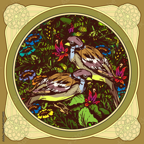 Two birds on a background of wildlife. Round picture in a vintage frame. Sketch. Vector illustration