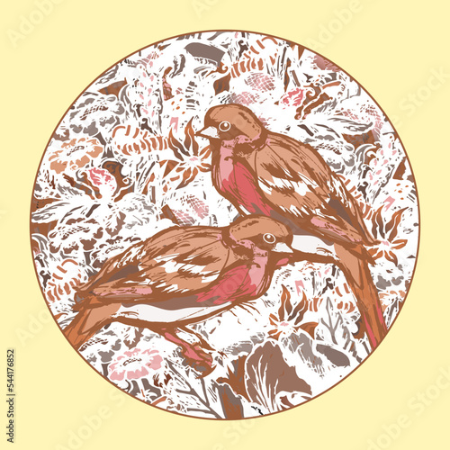 Drawing with two birds on a stylized floral background. Round picture in beige and brown colors. Vector illustration