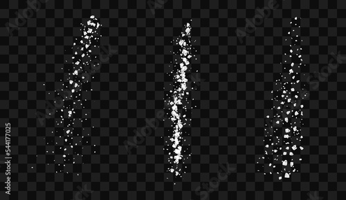 Set of flying sugar or salt. A scattering of crystals of sugar or salt. Realistic vector illustration isolated on black background.