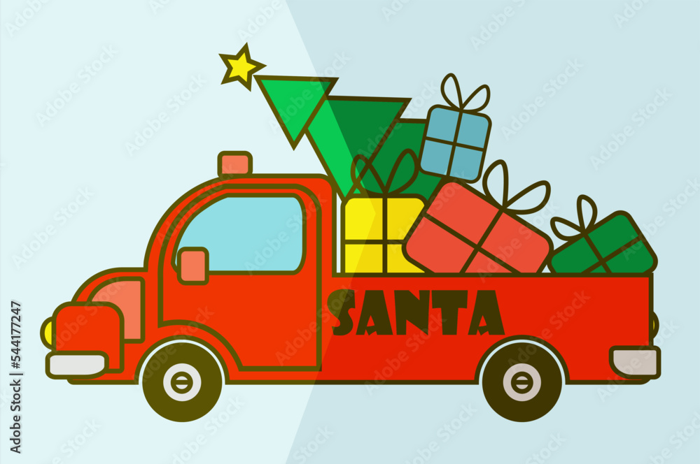 Fototapeta premium Red Santa’s truck with presents and Christmas tree side view