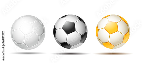 Soccer ball. Football balls Set. Golden  white and black color. Mockup of sports elements.