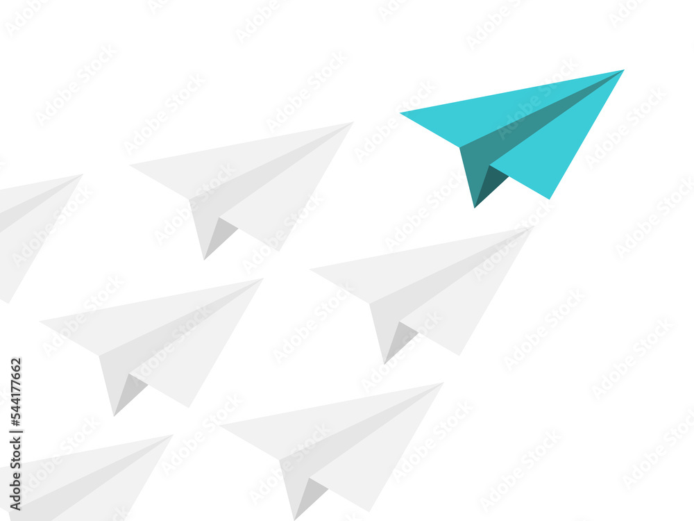 Isometric unique paper plane leading many gray ones isolated on white. Leadership, courage, management, motivation and inspiration concept. Flat design. EPS 8 vector illustration, no transparency Isometric unique paper plane leading many gray ones isolated on white. Leadership, courage, management, motivation and inspiration concept. Flat design. EPS 8 vector illustration, no transparency