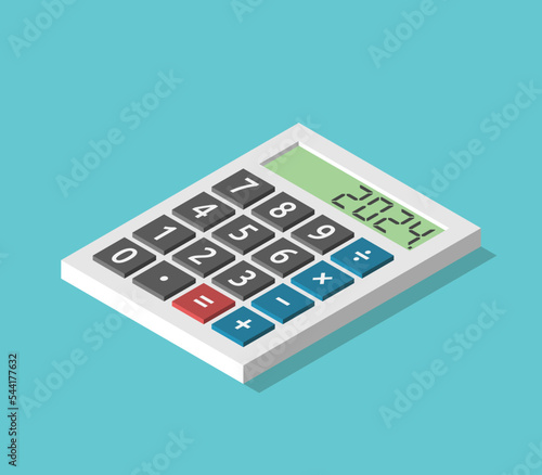 Isometric calculator with 2024 year text on display. Accounting, tax, economy, finance, science, education, mathematics concept. Flat design. EPS 8 vector illustration, no transparency, no gradients