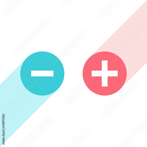 Plus and minus signs. Positive, negative, contrast, opposites, pros and cons, electric charges and polarized opinions concept. Flat design. EPS 8 vector illustration, no transparency, no gradients