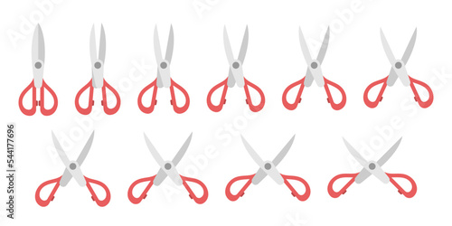 Scissors set, various angles, open and closed, isolated on white. Office supply, kitchen utensil, craft and stationery concept. Flat design. EPS 8 vector illustration, no transparency, no gradients