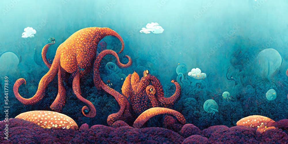 Giant octopus swim underwater in ocean. illustration of underwater sea ...
