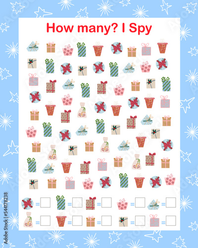 Christmas I spy, How many gifts counting educational game for kids with winter elements, vector illustration educational puzzle, printable worksheet for kids, leisure or study game, teachers resources