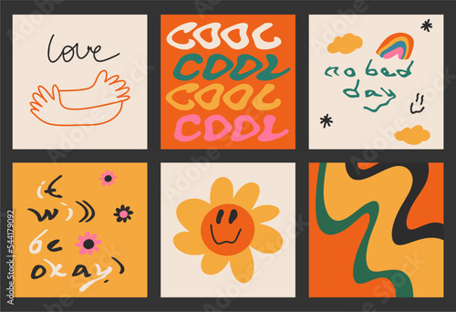 Retro graphic, boho style hippie design illustration set. Psychedelic floating text, flower with face, hands. Poster or sticker, funny vintage typographic font vector.