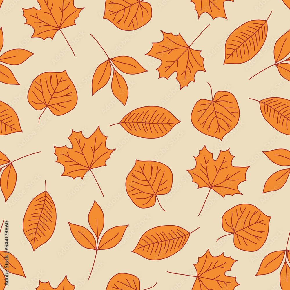 Obraz premium Scattered Orange Outlined Fall Leaves Surface Design Textiles Seamless Repeat Pattern Design