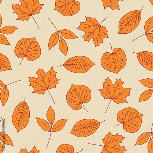 Scattered Orange Outlined Fall Leaves Surface Design Textiles Seamless Repeat Pattern Design