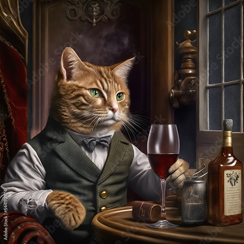 A distinguished ore gentleman cat dressed in a white shirt and black vest, drinks Scotch whiskey in his private  men's office. Artistic modern digital painting.