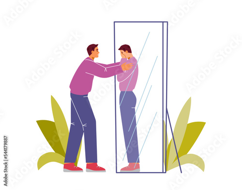 Self care and acceptance concept vector illustration. Man supporting himself, hugging his reflection in the mirror.