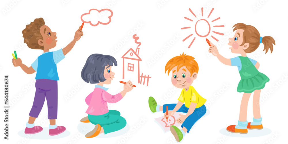 Children draw. Two little girls and two funny boys are painting together. In cartoon style. Isolated on white background. Vector flat illustration Children draw. Two little girls and two funny boys are painting together. In cartoon style. Isolated on white background. Vector flat illustration