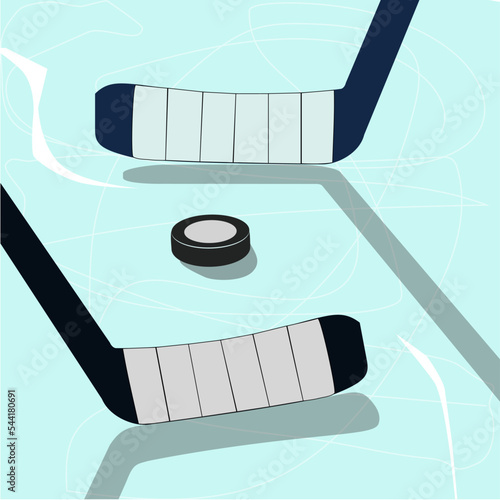 Hockey sticks and puck on the ice. Flat style. Vector.
