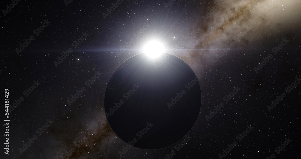 Planet over Milky Way galaxy with sun and stars, space 3d illustration background