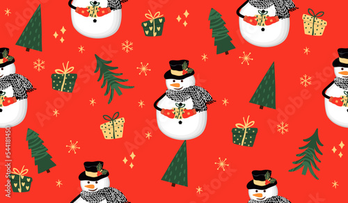 Christmas seamless pattern with a snowman and fir trees. Cartoon character in a hat and scarf, snowflakes and gifts.Red background.Festive print on fabric and paper.Vector flat style illustration.