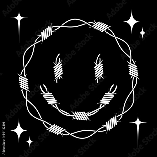 Y2k braided trippy fun wire face, in trendy weird goth style. Print in psychedelic groovy 1990s, 2000s. Creepy vector graphic sticker. Black and white colors.