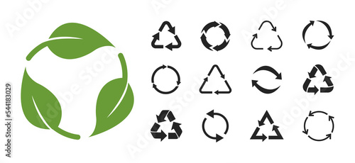 Recycle icons set. Recycling and rotation arrow symbols. Reuse signs. Ecology, cleanliness and recycling symbol. Bio recycling. Vector illustration.