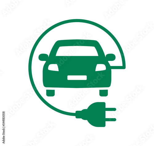 Electric car icon. Electric car with plug charging - logo. EV car. Hybrid and electric vehicles charging point. Eco car with electric charge. Eco friendly vehicle concept. Vector illustration.