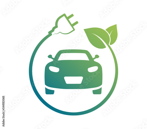 Electric car icon. Electric car with plug charging - logo. EV car. Hybrid and electric vehicles charging point. Eco car with electric charge. Eco friendly vehicle concept. Vector illustration.