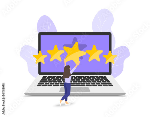 Customer review concept. Feedback. Character giving five star. Stars rating. Satisfaction rating and customer feedback. Vector Illustrations.