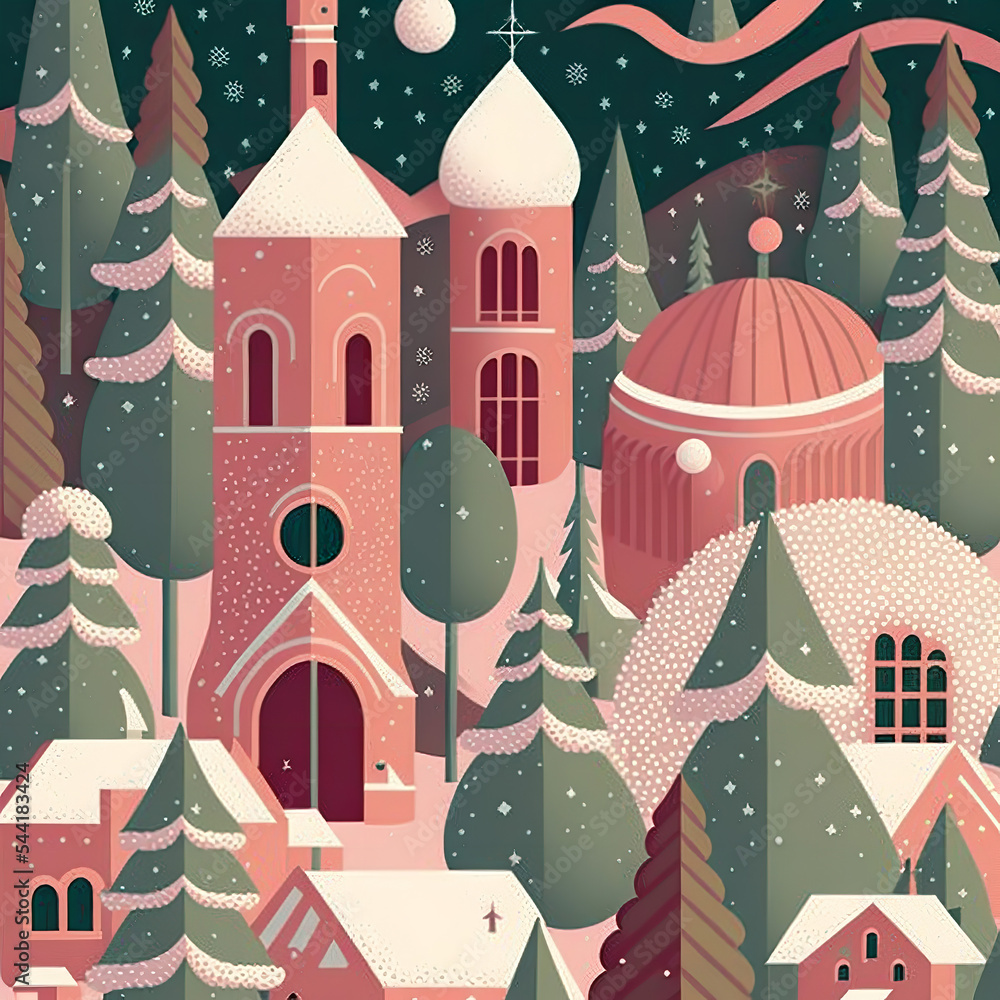 Winter landscape and houses under the snow around Christmas time, soft colors illustration, postcard, card