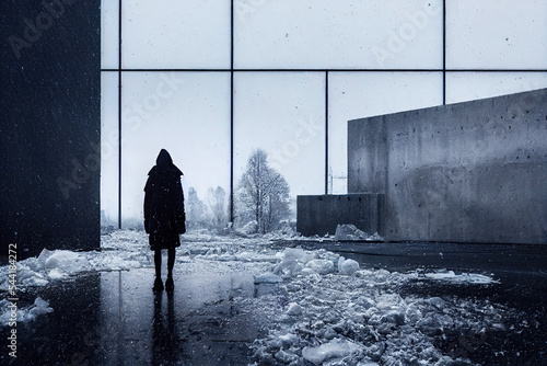 Dystopian dark icey lonely sad man walking in the snow in a concrete building made by artificial intelligence photo