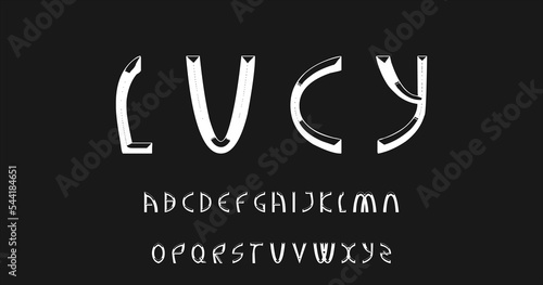 Lucy modern tech font design, full alphabetic typography