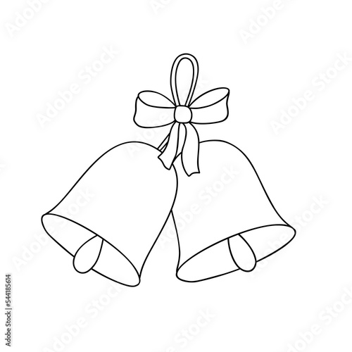 Christmas bell with bow, ribbon, simple outline vector illustration in doodle style Christmas holiday decor, New Year festive hand drawn image for card, poster, coloring page