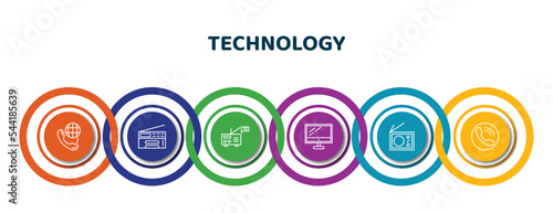 editable thin line icons with infographic template. infographic for technology concept. included international call, printer tool, radio and messages, computer screen linux, radio with antenna,