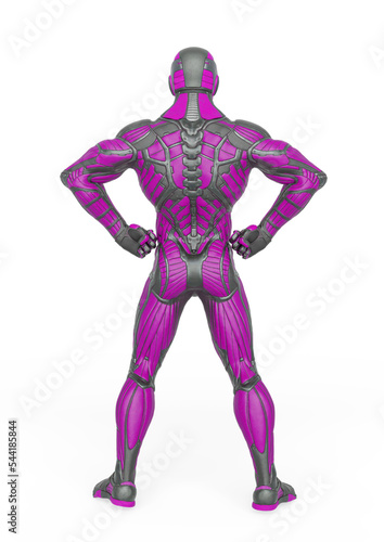 super hero in an exosuit is doing a power pose rear view © DM7