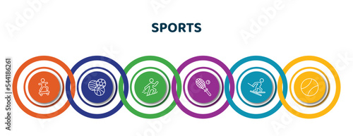 editable thin line icons with infographic template. infographic for sports concept. included boy with skatingboard, balls, jumping ski, squash, slalom, tennis sport ball icons.