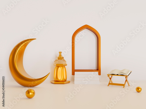 Ramadan Kareem golden crescent moon symbol with Islamic lantern, Quran book on milk background. 3d rendering illustration. © Игорь Жуков
