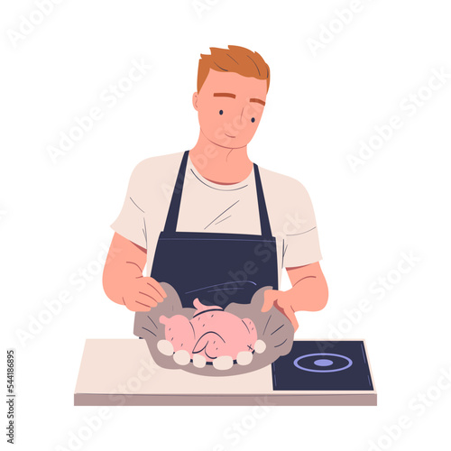 Man Character Cooking at Home Standing at Table Wrapping Chicken in Metalpaper Vector Illustration photo