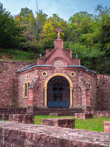 Gueberschwihr, France - October 11, 2022: Grotto of Our Lady of Lourdes in Gueberschwihr. A chapel dedicated to the Virgin Mary was built at the foot of the hill, in the parish enclosure, around 1880. photo