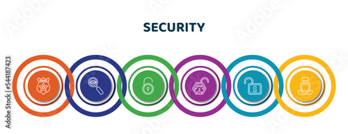editable thin line icons with infographic template. infographic for security concept. included police shield, insight, padlock close, sha 2, unlocked padlock, safety seat icons.