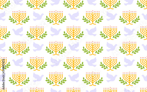 Hanukkah golden menorah with branches olive and flying dove seamless pattern vector illustration