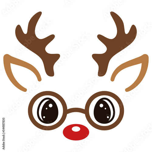 Christmas reindeer face with glasses. Cute kawaii deer on white background. Flat style cartoon animal. Vector illustration.