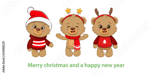 Cute cartoon teddy bear Isolated on white. Christmas  Illustration for design, banners, children's books and patterns. Bear on santas hat.Vector