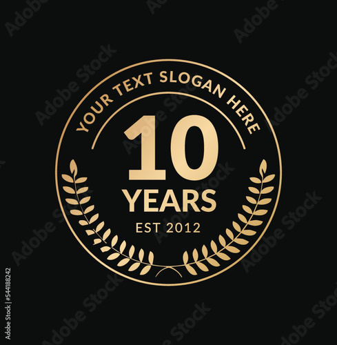 Gold 10 years anniversary logo template. Vector and illustration.