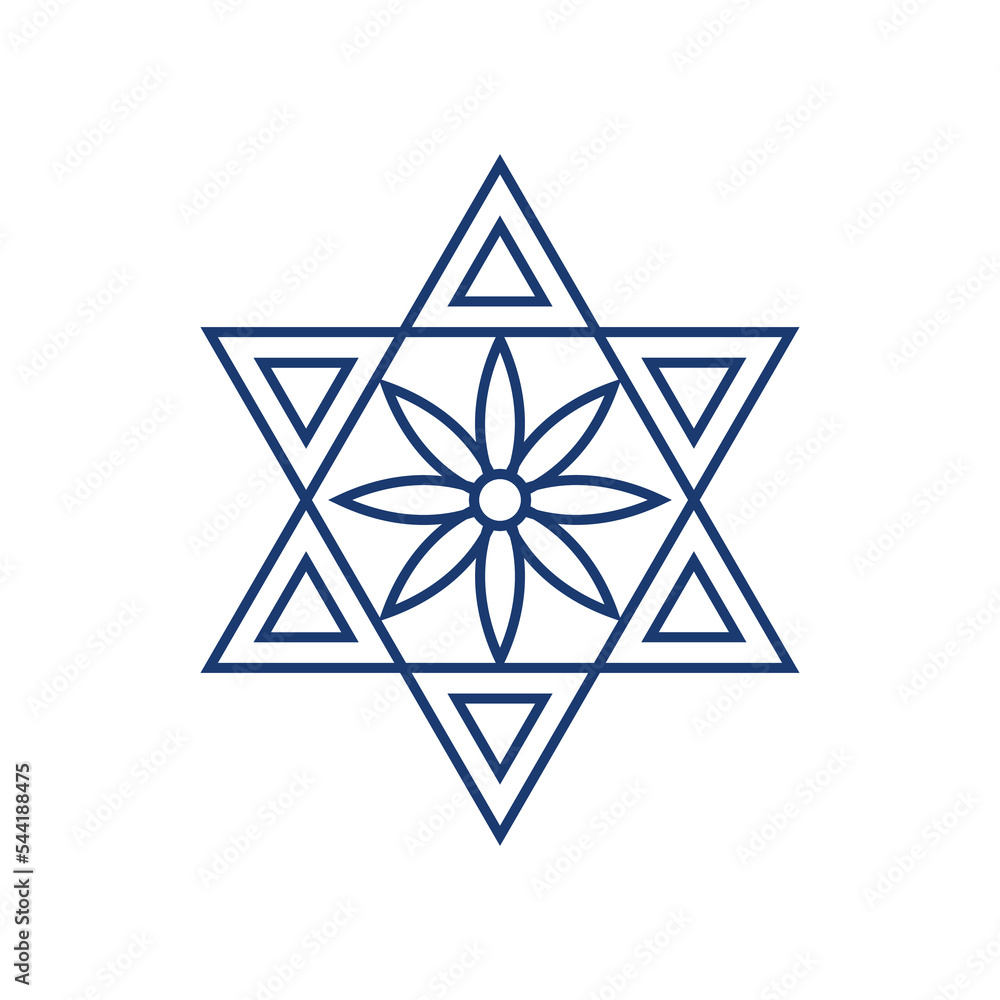 Outline Jewish star with a flower in the center and triangles on the edges, vector illustration with editable stroke Outline Jewish star with a flower in the center and triangles on the edges, vector illustration with editable stroke