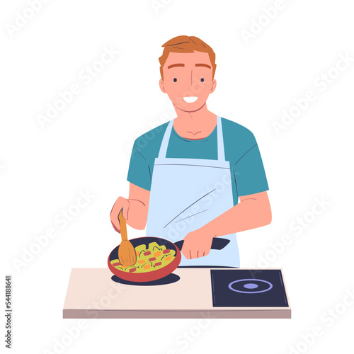 Man Character Cooking at Home Standing at Table Mixing Vegetables on Frying Pan Vector Illustration