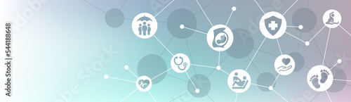 Obstetrics / childbirth / maternity checkup vector illustration. Banner with icons related to reproductive healthcare, birth & pregnancy treatment, child delivery, diagnostic & examination, gynecology