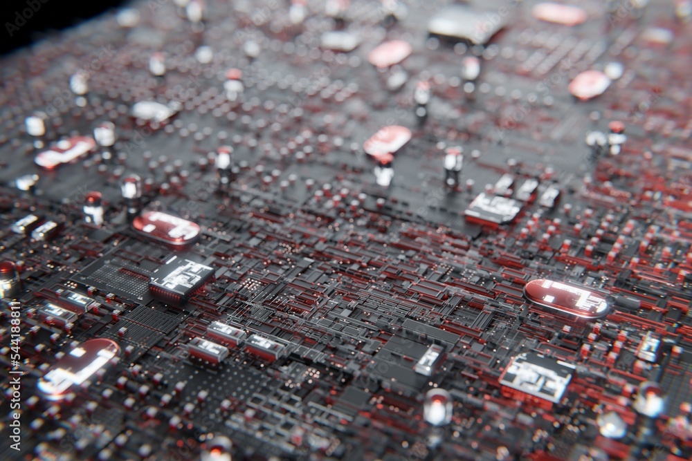 Cyberpunk AI 3D timeline. Circuit board. Technological background. CPU ...